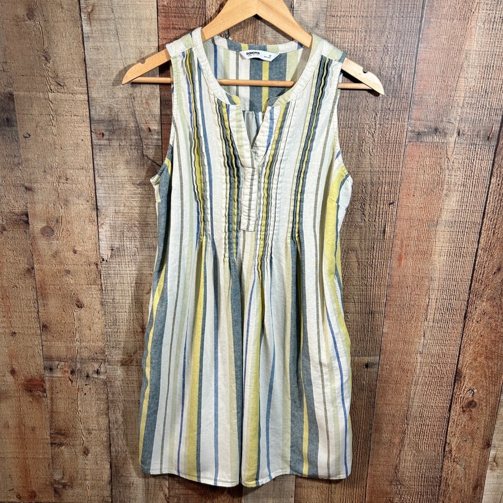 Sonoma Green Yellow Striped Linen Blend Sleeveless Pintuck Shift Dress Medium